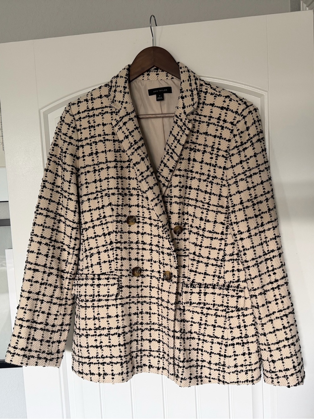 Ann Taylor Cream and Black Plaid Double-Breasted Blazer